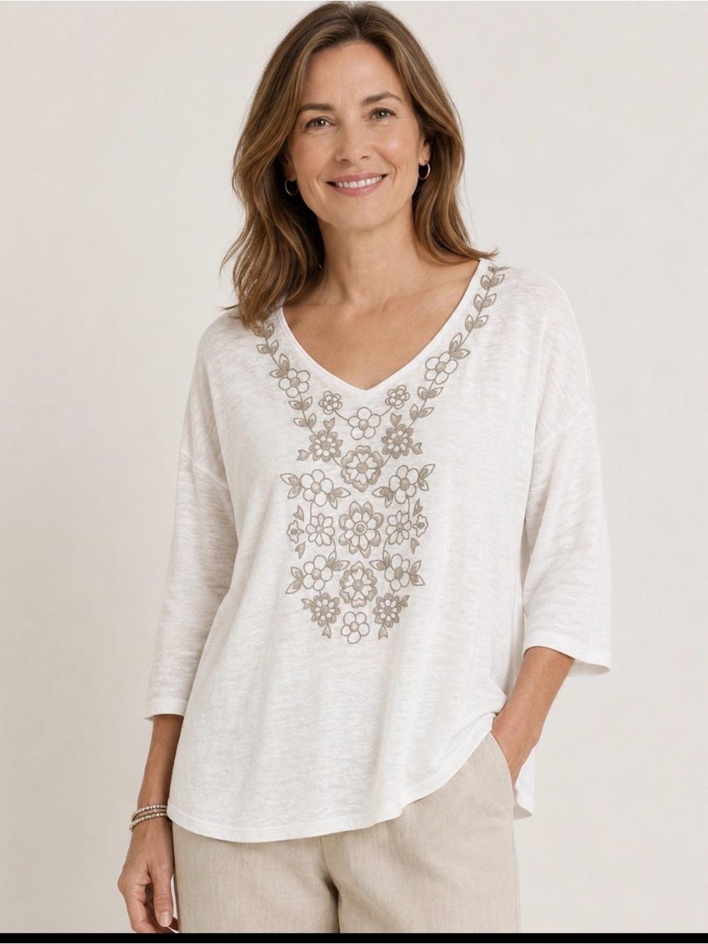 J. Jill LoveLinen White Tunic Top Beige Cutout Floral Embroidery Large Missy